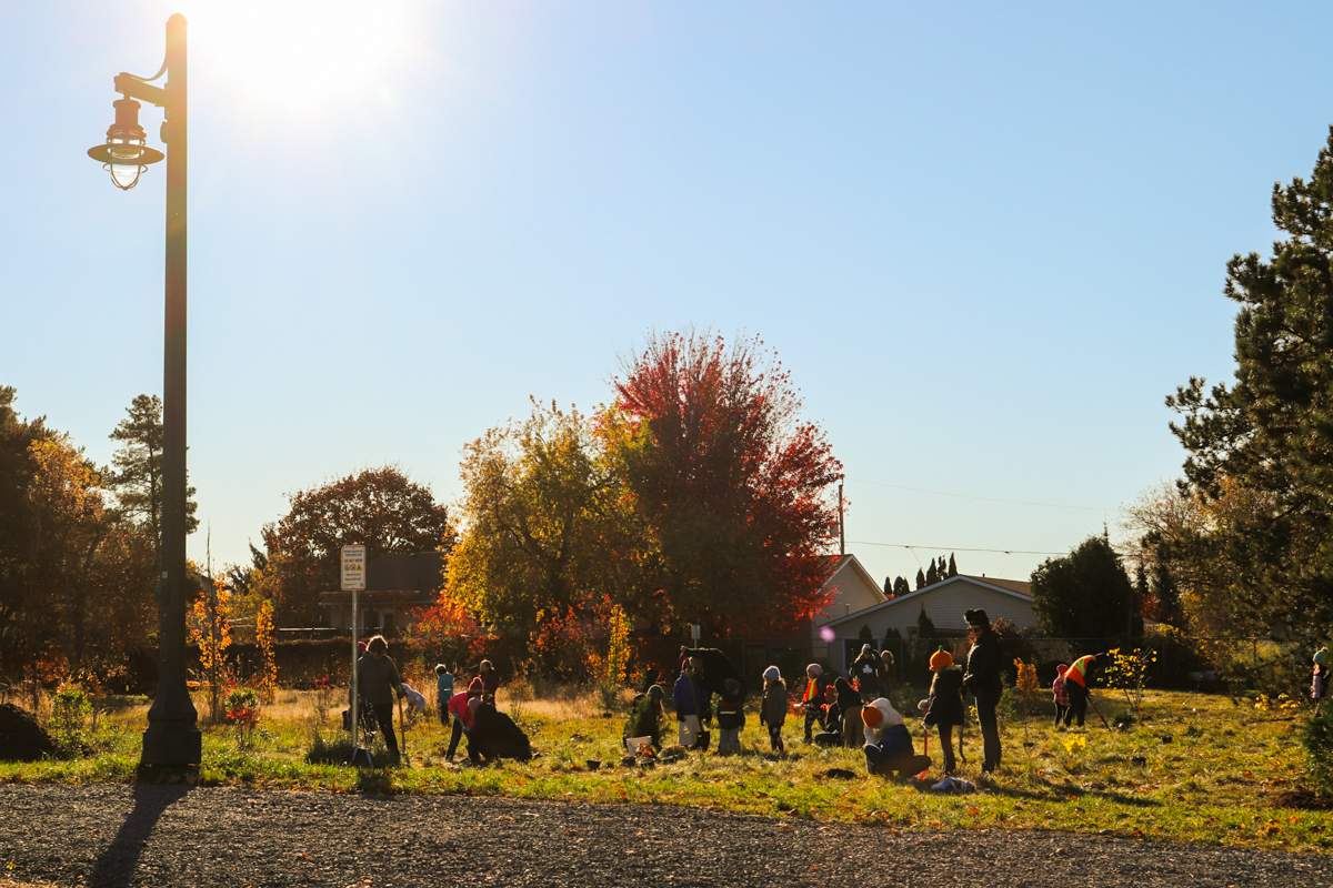 Group of childing and adults planting trees